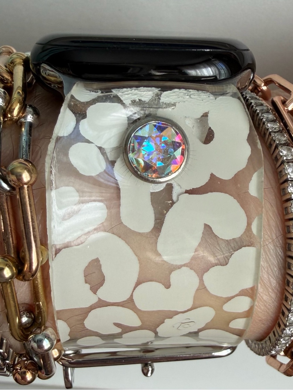 White Leopard-Print Waterproof Spark* Watch Band, size 2
